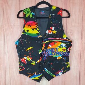 VTG Planet Hollywood‎ Vest Sz S / M All Over Print Rayon V Neck Button Front